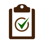 brown and green clipboard icon with tick